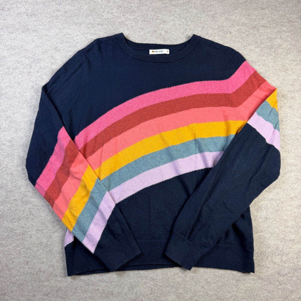 Marine Layer Navy Blue Rainbow Stripe Oh Hey Crewneck Sweater Medium